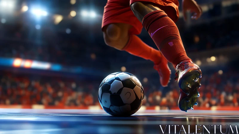 Photorealistic low-angle soccer kick in floodlit stadium scene.