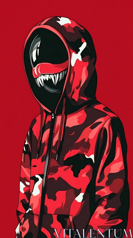 Graphic streetwear creature in red camo hooded profile illustration.