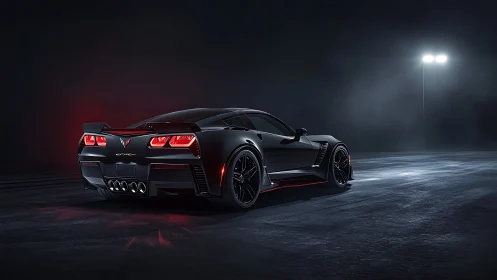 Midnight sports car waits under soft streetlight glow