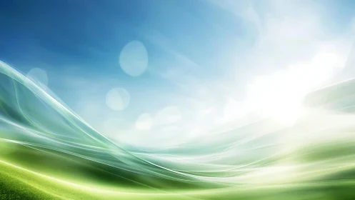 Abstract sunrise landscape with flowing green fields and blue sky.