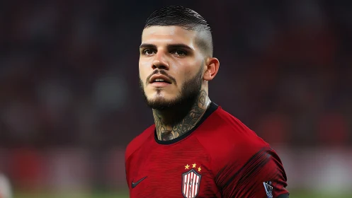 Tattooed footballer portrait in red kit under stadium lights.