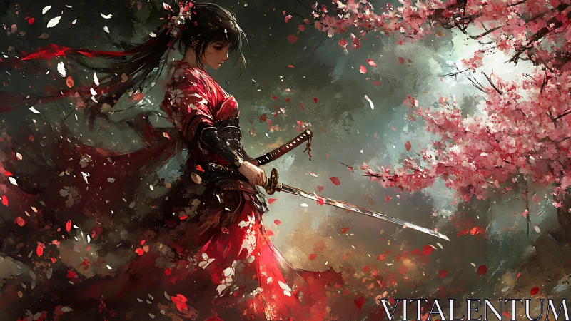 Samurai woman holds drawn katana under storm of petals