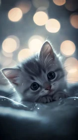 Fluffy kitten with large eyes in bokeh-lit environment.