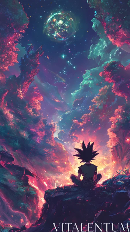 Child watches cosmic vortex above glowing fantasy valley