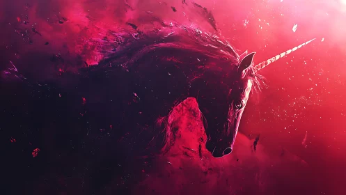 Luminescent crimson nebula envelops dynamically rendered unicorn head
