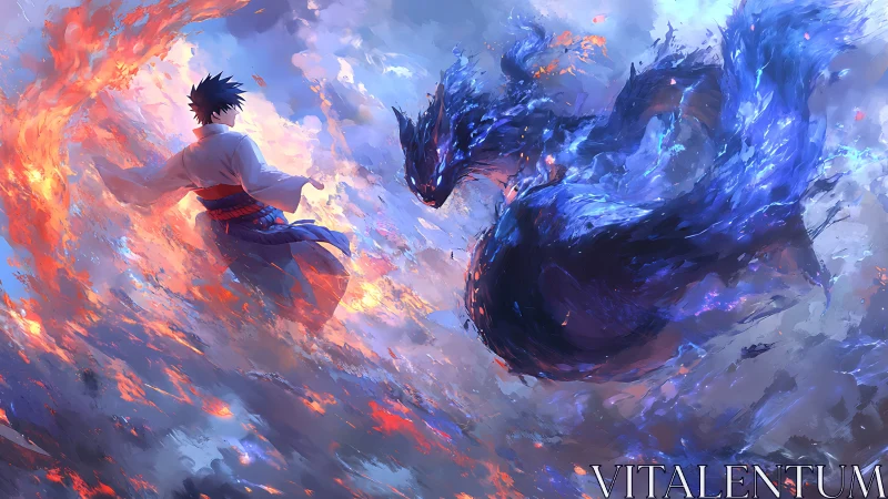 Sorcerer commands swirling fire and water dragon spirits