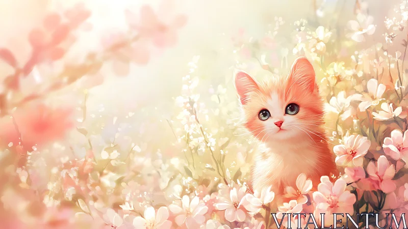 Kitten in Blossoming Flower Garden with Warm Light