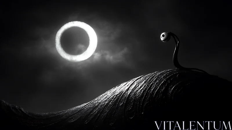 Moonlit watcher curls beneath a glowing ghostly haloed ring.