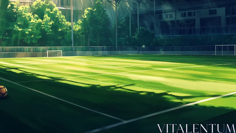 Sunlit empty soccer pitch with city backdrop at dusk.