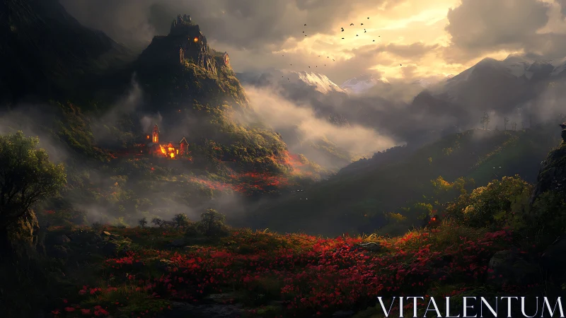 Mountain citadel glows above misted crimson valley at dusk