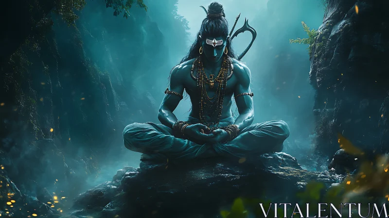 Blue-skinned ascetic meditates in misty forest canyon setting