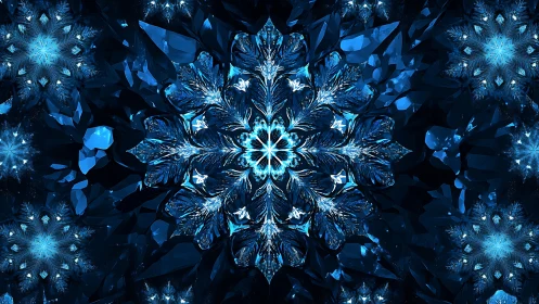 Crystalline blue snowflake blooms in a luminous frozen void