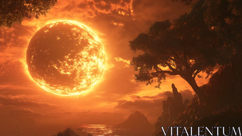 Molten sky star kissing a lonely cliffside tree goodbye.