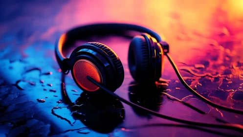 Closed-back wired headphones on wet surface under neon rim lighting