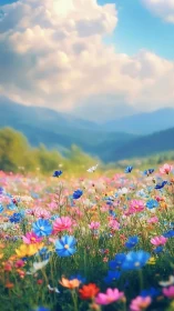Vertical landscape shows dense wildflower meadow before hills