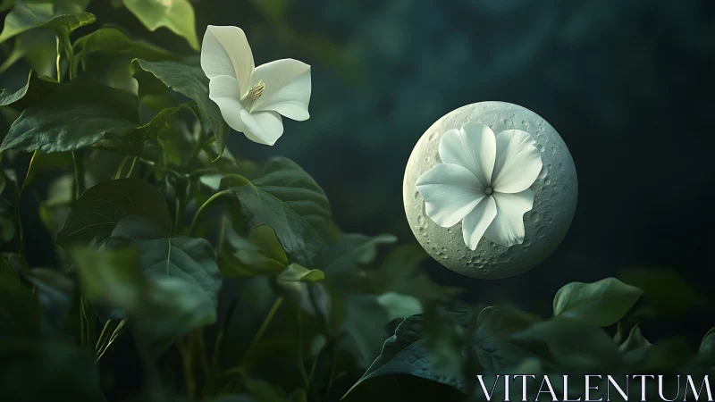 Lunar-textured sphere juxtaposes with white woodland flora in orbit