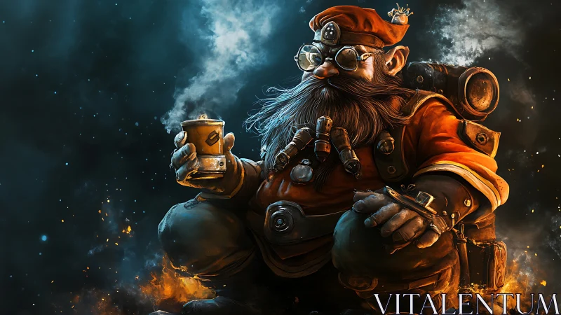 Steampunk dwarf explorer savors coffee in glowing nebula