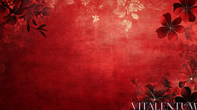 Red textile background with dimensional floral elements and layered composition