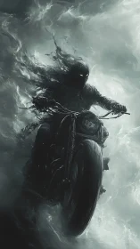 Spectral biker rides stormlit highway through swirling mist.