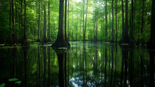 Serene Cypress Swamp Landscape with Lush Green Reflections.