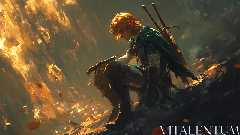 Golden embers crown the weary forest hero in twilight calm.