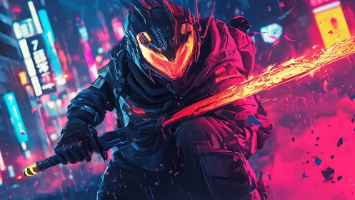 Cybernetic warrior with blazing katana in neon storm.