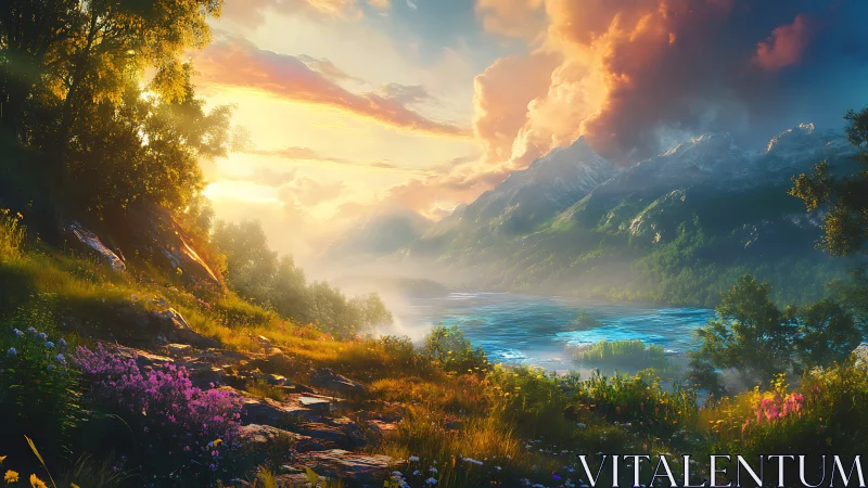 Sunlit alpine lake valley with wildflower meadow foreground