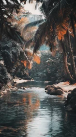 Tropical river channel framed by dense palm vegetation.