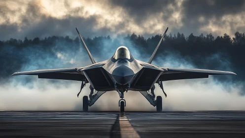 Modern stealth fighter jet is positioned on a misty runway