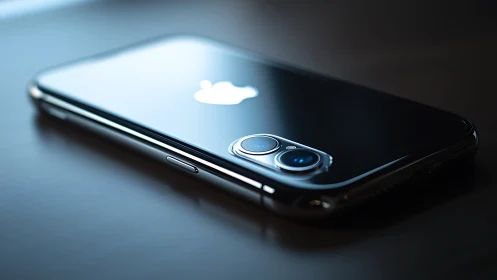 Dark iPhone showcasing gleaming dual cameras and glowing Apple logo.