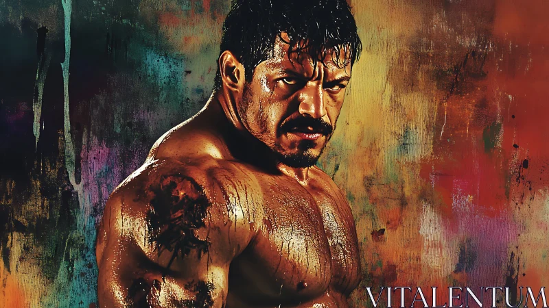 Powerful fighter framed by bold splashes of color.