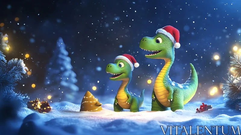 Cartoon dinosaur pair in snowy night holiday setting.