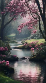 Serene spring creek under blooming pink canopy in soft mist.