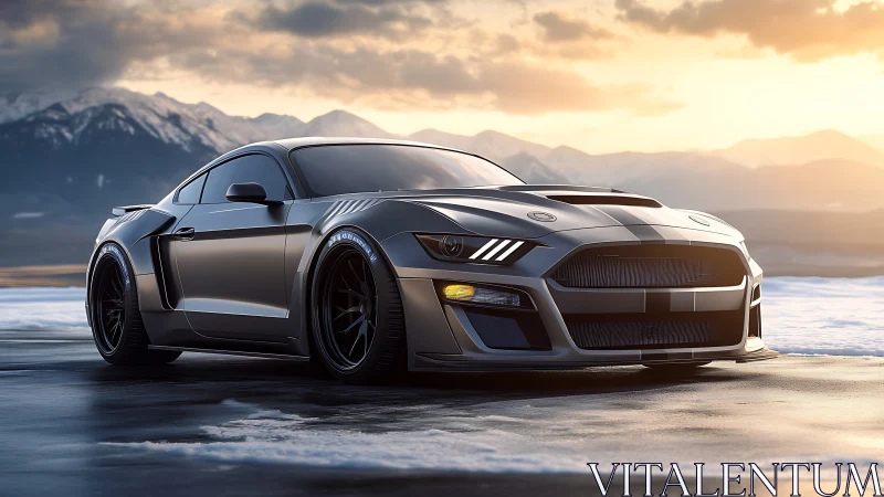 Widebody sports coupe rendered with high-detail PBR shaders at dusk