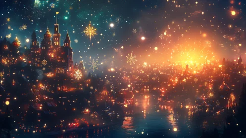 Fantasy riverside city under glowing festival night sky.