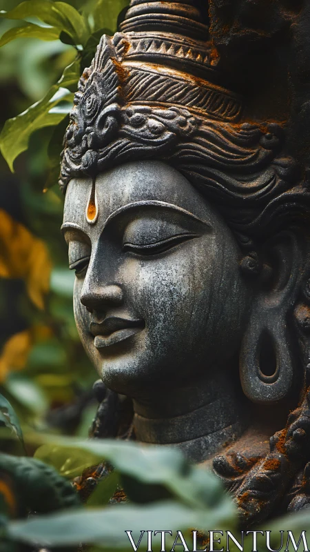 Serene stone deity head rests in lush, sunlit foliage