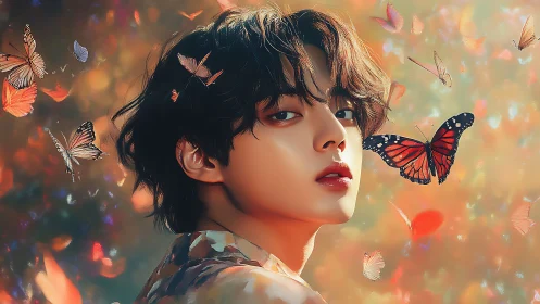 Digital portrait with butterflies around contemplative figure.