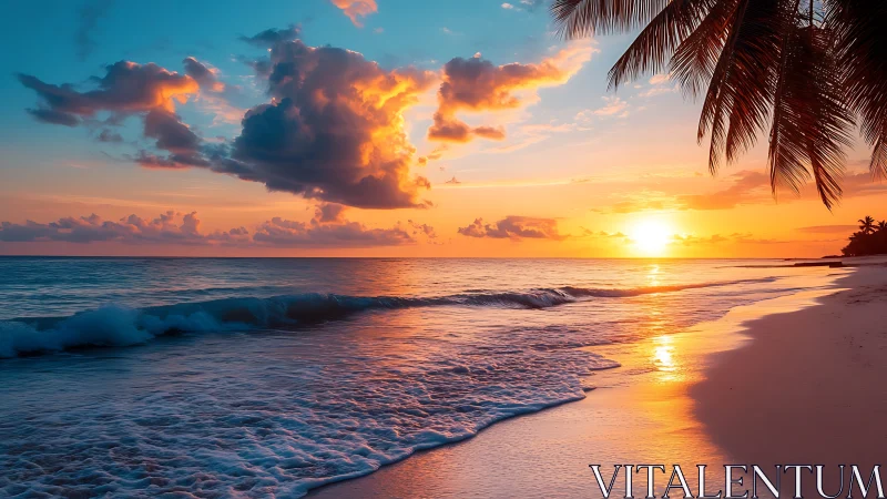 Tropical beach sunset with clouds, surf and palm silhouettes.