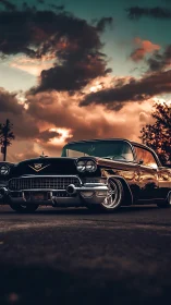 Vintage black Cadillac coupe on street under dramatic sky.