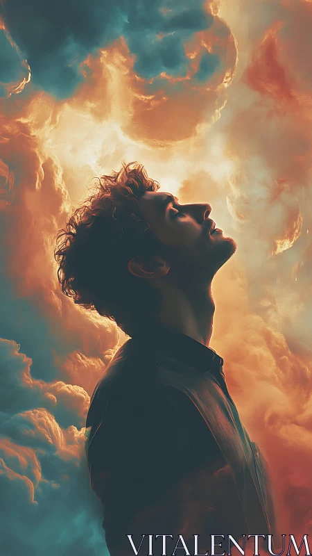 Silhouetted male profile against dual-toned cloudscape.