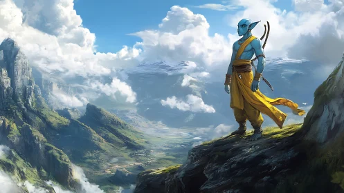 Blue-skinned archer surveys expansive sunlit mountain valley