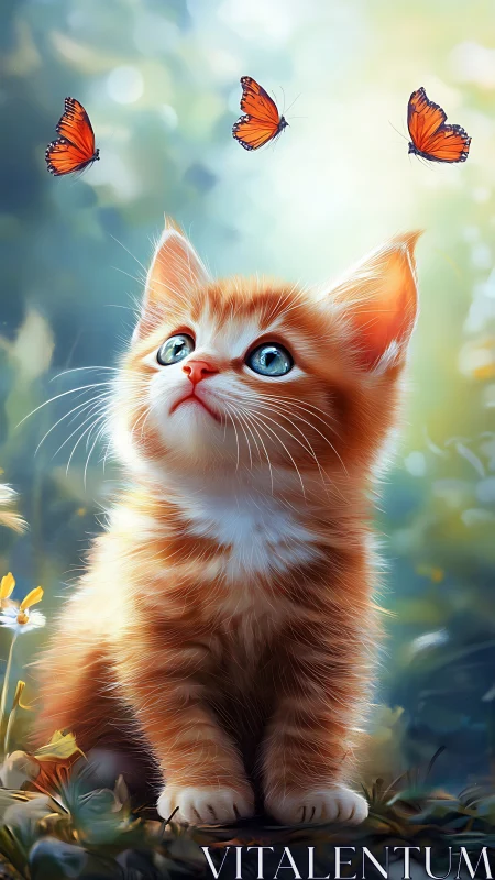 Orange kitten watching butterflies in soft forest light.
