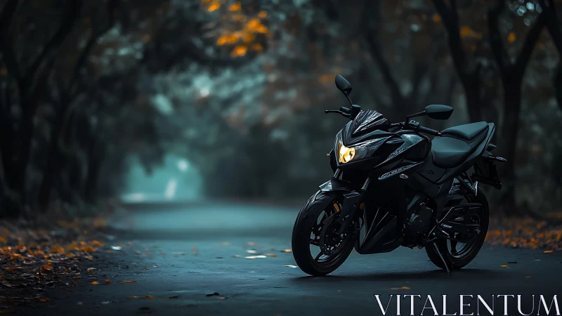 Sport motorcycle in cinematic low-key forest roadway scene.
