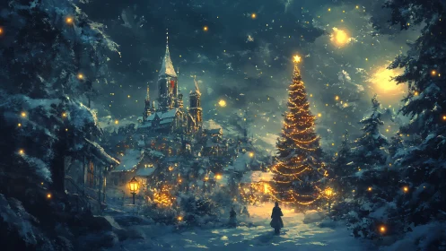 Snowy village square with illuminated Christmas tree.