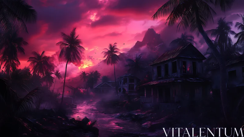 Abandoned Mansion at Dusk: Neon Pink Sky Over Tropical Ruins