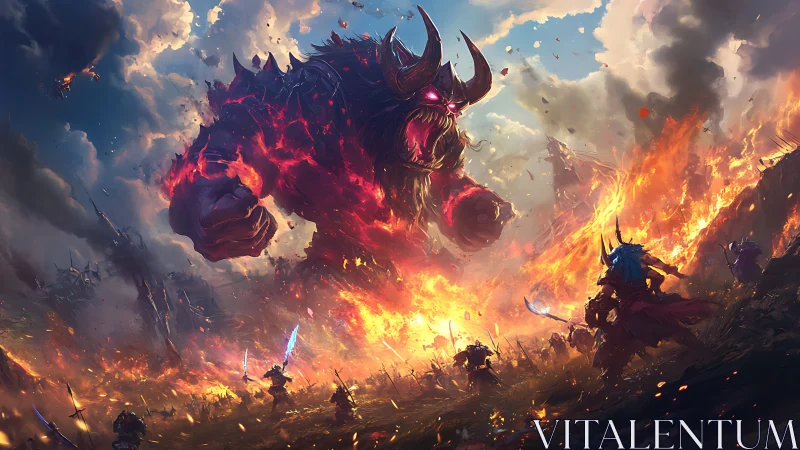 Giant fiery demon confronting armored warriors in battle.