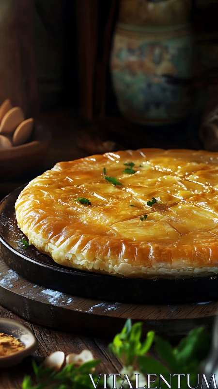 Golden rustic pie gleams on wood in homestyle kitchen glow.