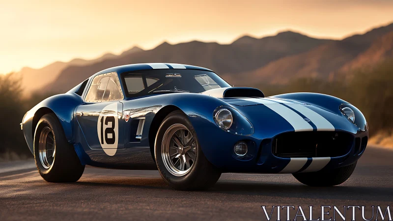 Sunset blue racer prowling desert asphalt in quiet triumph.