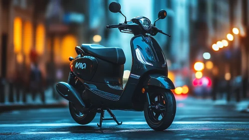 Electric city scooter glows against blurred urban dusk.