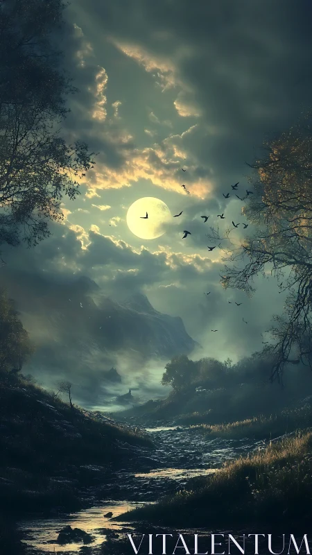 Moonlit valley landscape with birds over winding stream.